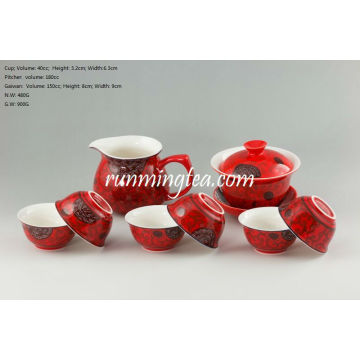 Chinesisches rotes Porzellan Teaware Set, ein Gaiwan, ein Pitcher &amp; 6 Tassen